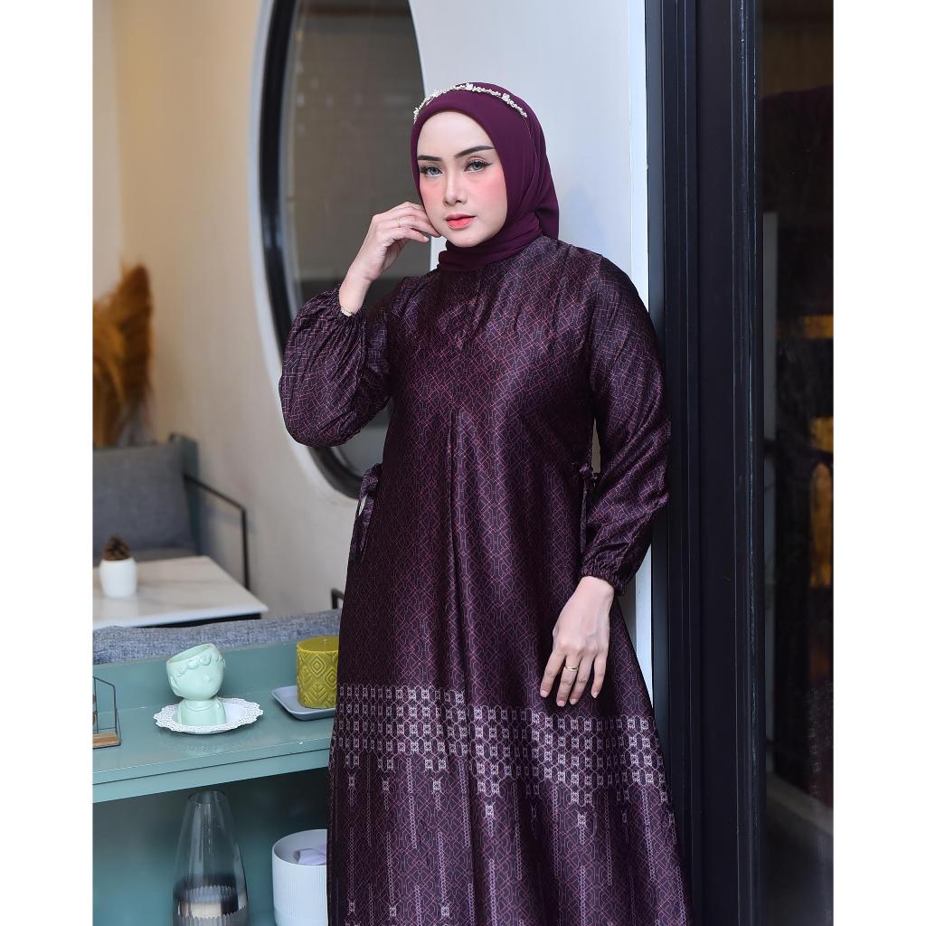 Gamis Silk Premium Motif Terbaru Bunsui medina dress kondangan Warna Cream Navy Sage Terlaris Lebara