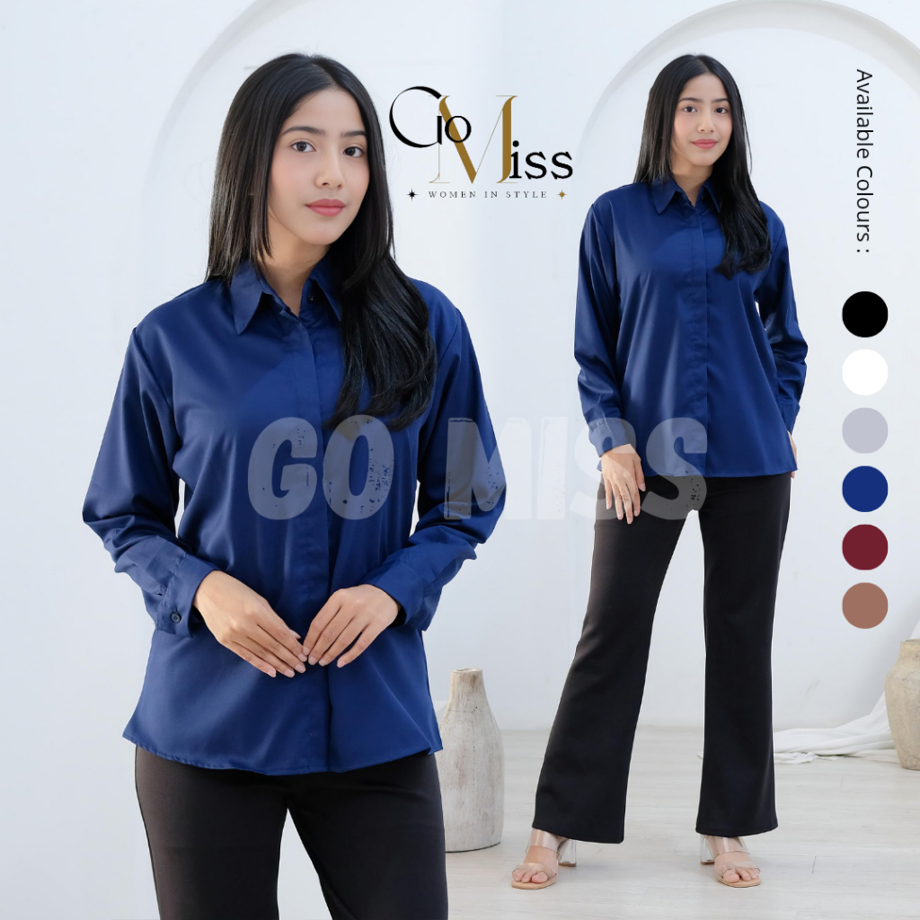 Kemeja Wanita Polos Lengan Panjang Toyobo Kemeja Basic Biru Navy Wanita