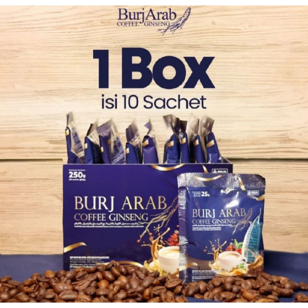 

Burj Arab Coffee Ginseng | Kopi Stamina Pria Tahan Lama | Kopi Burj Arab Original 1 Box lsi 10 Sachet