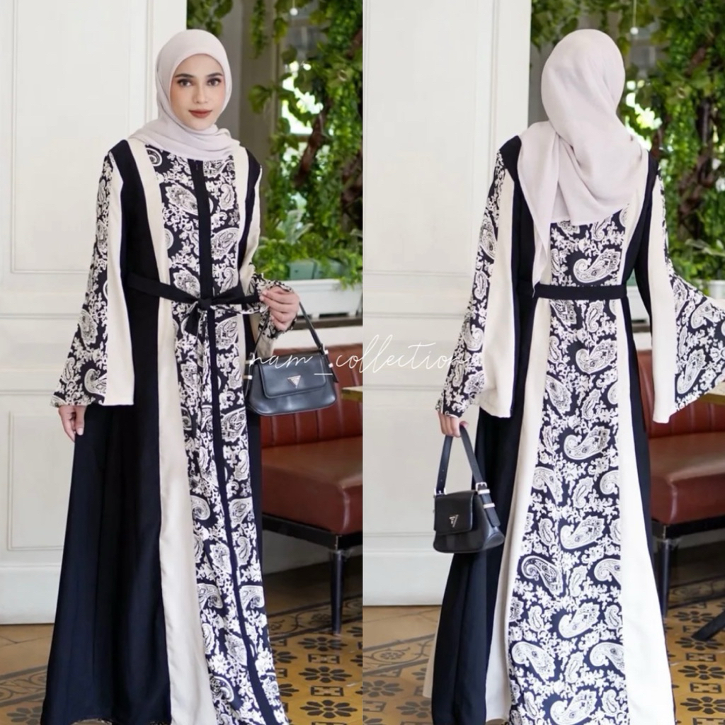 Abaya gamis hitam jetblack fremium kombi kain motif cantik ilegant