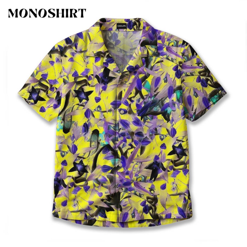 MONO Kemeja Unisex Fullprint Lengan Pendek Motif Abstrak Daun Kuning Ungu Cerah Baju Pantai Cowok Ce