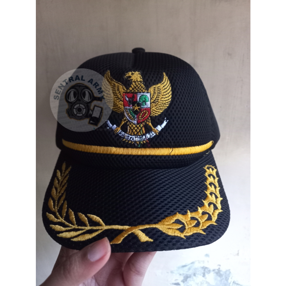 TOPI GARUDA PADI KAPAS PNS ASN GURU CAMAT DOUBLE MESS BORDIR HITAM TOPI JARING
