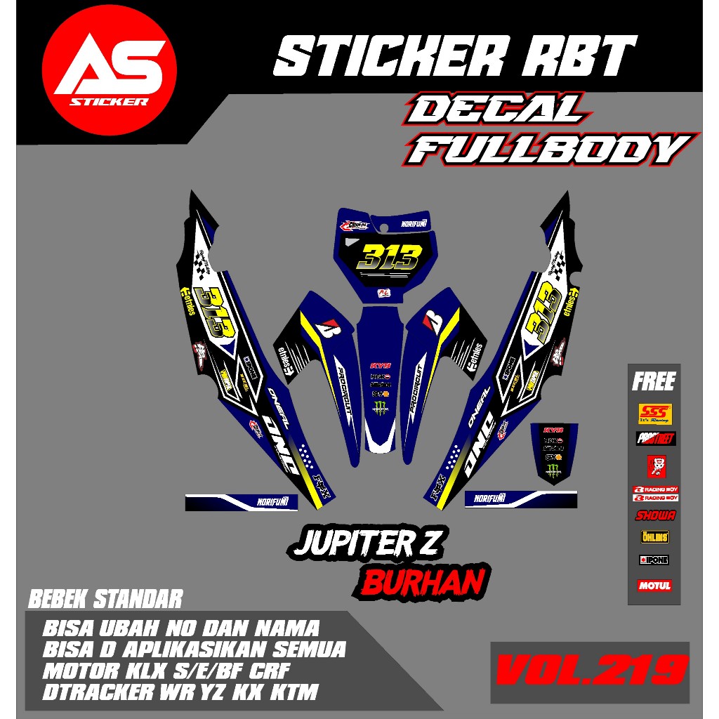 Sticker DECAL JUPITER Z BURHAN FULL BODY  MOTOR RBT BEBEK MODIF SUPERMOTO YZ CRF KLX KX KTM RBT new 
