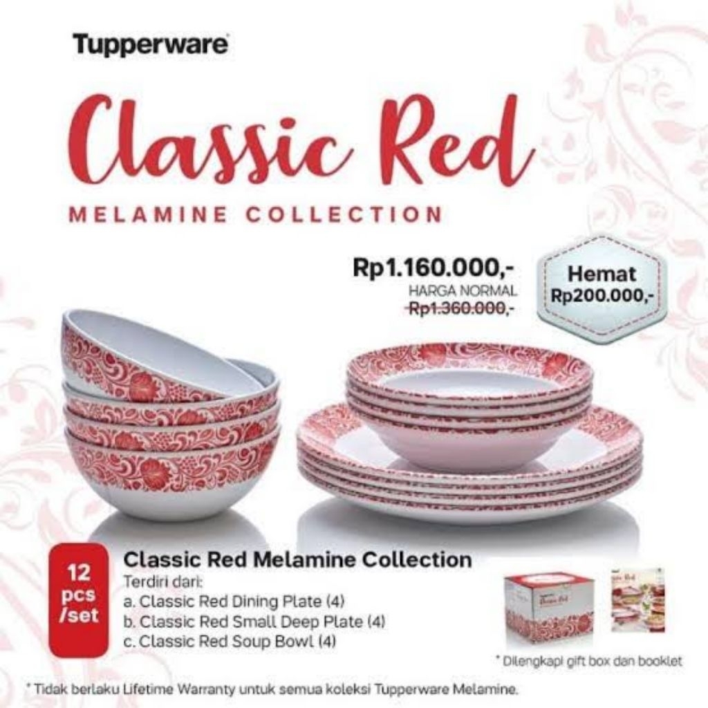 Classic Red Set Melamine Perlengkapan Makan Tupperware ORI