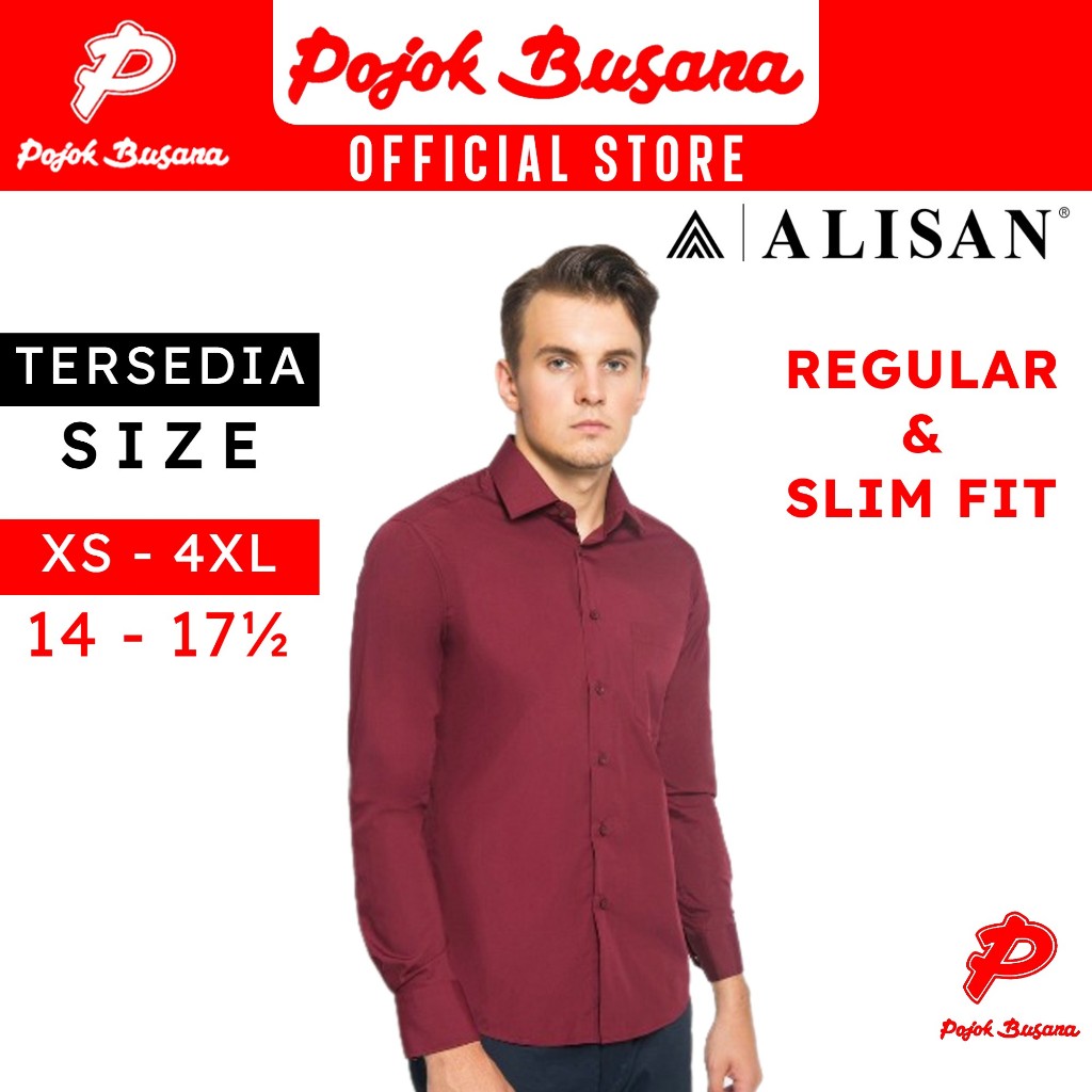 Pojok Busana Alisan Kemeja Lengan Panjang Polos Pria Reguler Fit New Merah Maroon