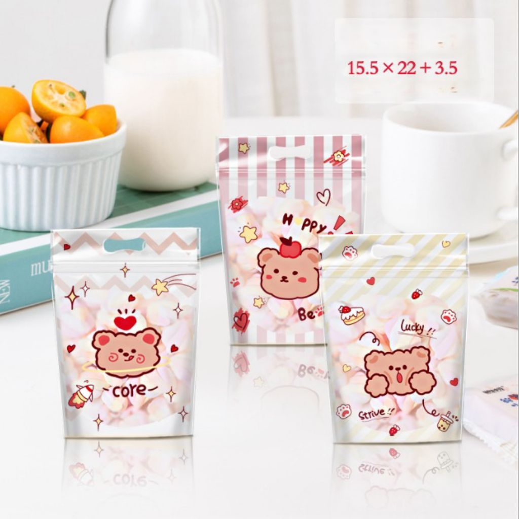 

50pcs plastik ziplock 15 x 22 + 3.5 cm motif BEAR MERAH standing lucu zipper bag cookies