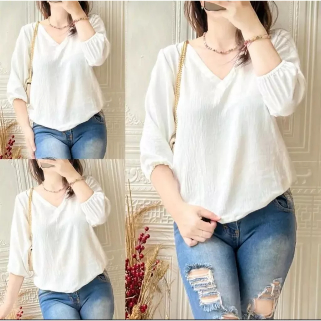 Blouse Atasan Wanita V neck Crinkle ternyaman size L, XL, XXL