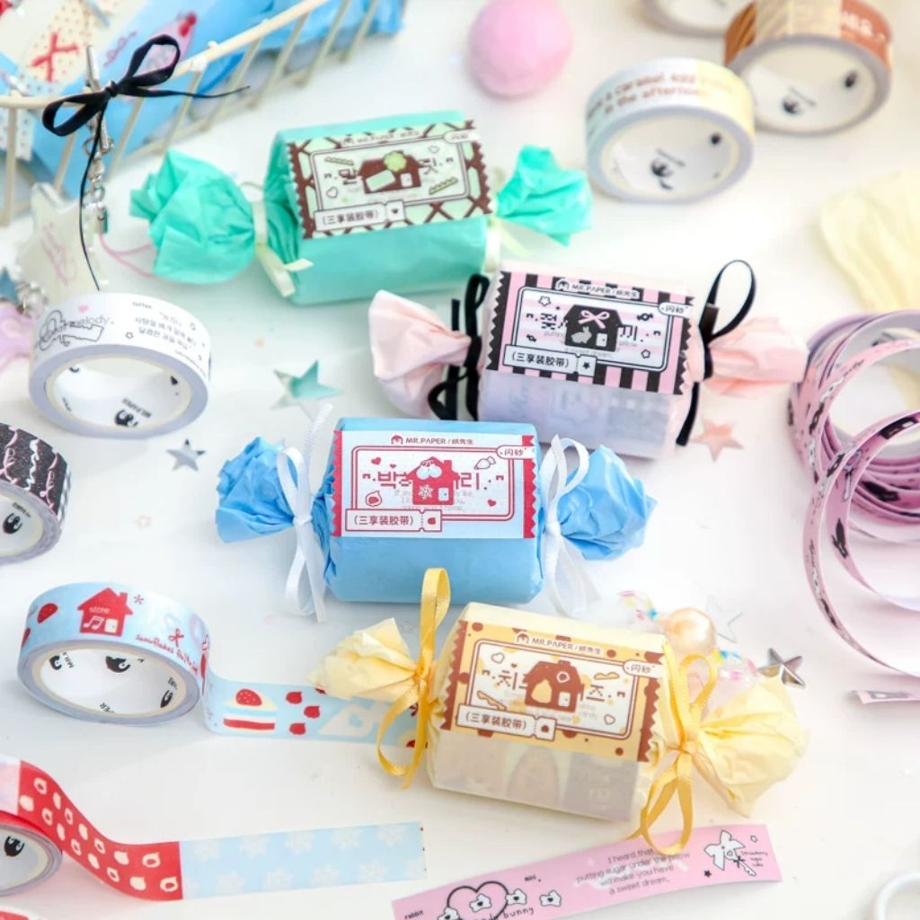 

[WindHeart] 3 roll Washi Tape set Candy Series Simple Korean Style Illustration Notebook DIY Decoration Collage
