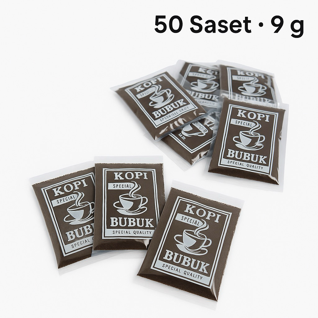 

[50 Saset] Kopi Bubuk Murni 9g – Fresh Roasted • Tanpa Gula • Kopi Hitam Sachet Ekonomis