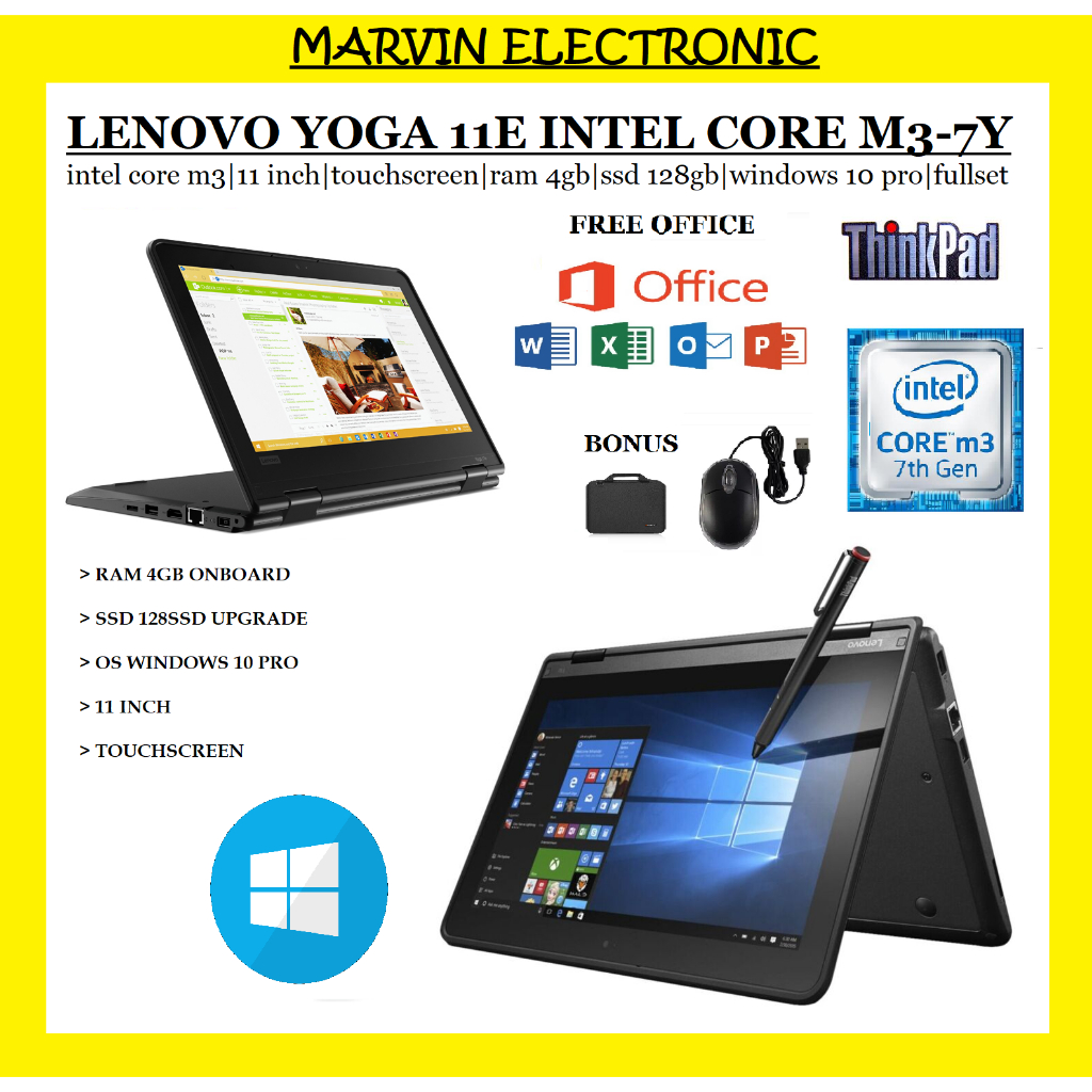 LAPTOP LENOVO YOGA 11E INTEL CORE M3-7Y RAM 4GB/128SSD WINDOWS 10 PRO 11 INCH FULLSET