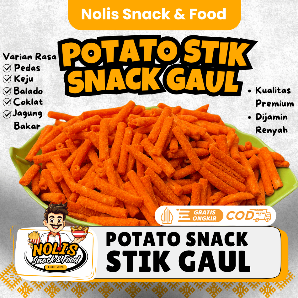 

Potato Stik Snack Gaul - NOLIS SNACK Stik Gaul Rasa Stik Gaul Pedas Stik gaul Coklat stik gaul Keju stik gaul Balado stik gaul Jagung Bakar Bakar