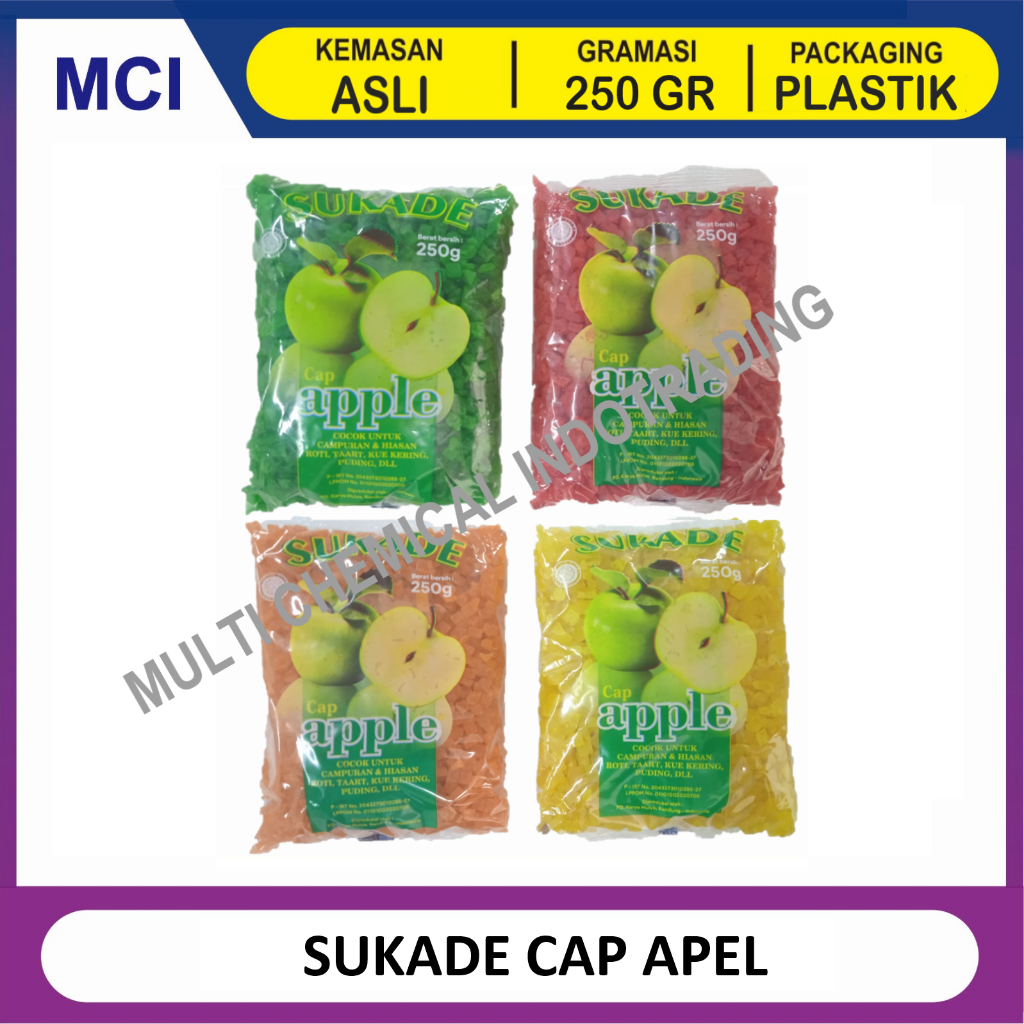 

SUKADE CAP APPLE / MANISAN BUAH KERING ANEKA WARNA / HIASAN KUE 250 GR