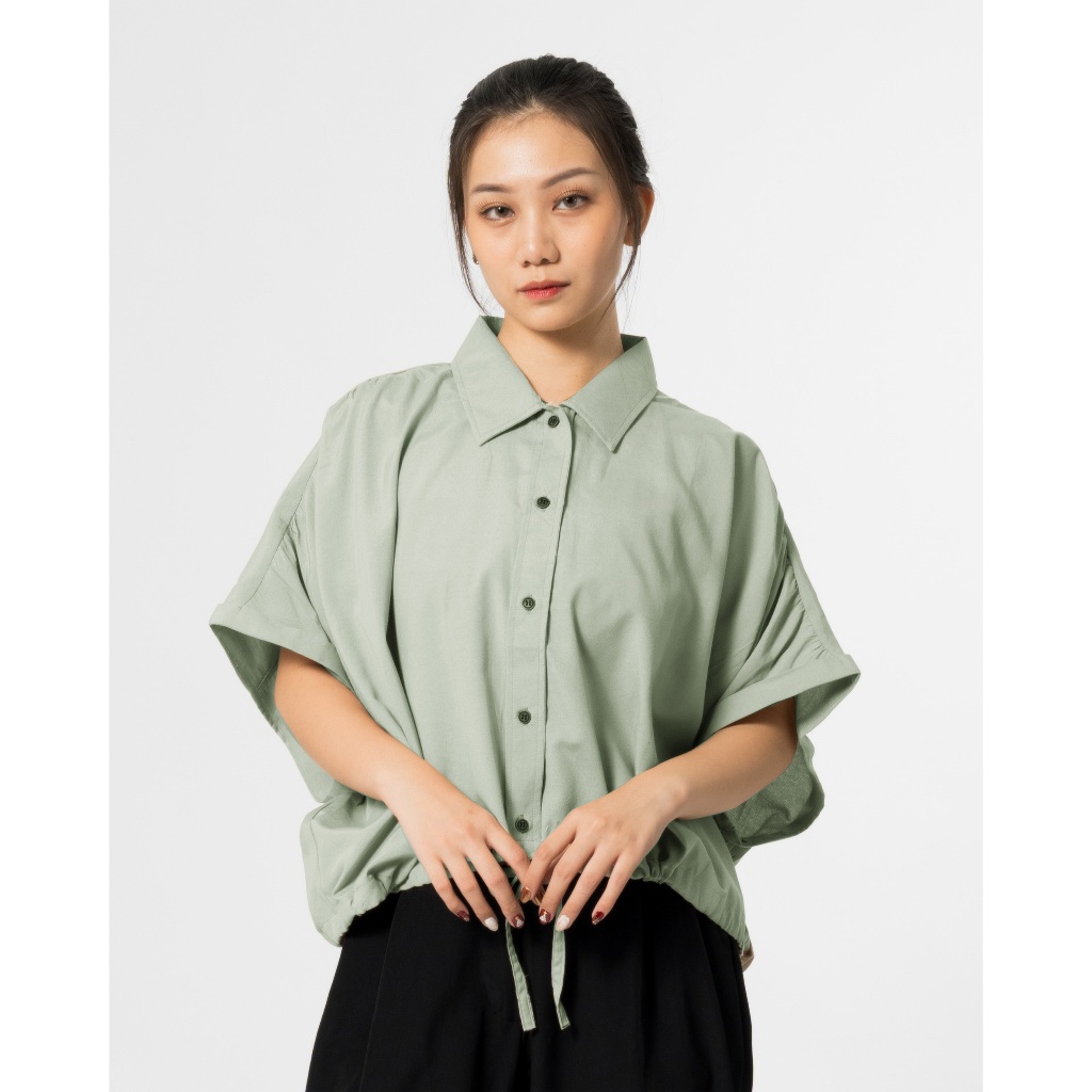 MALOVA Thea Shirt Sage Green | Kemeja / Outer Crop Wanita Lengan Pendek Bahan Linen Premium
