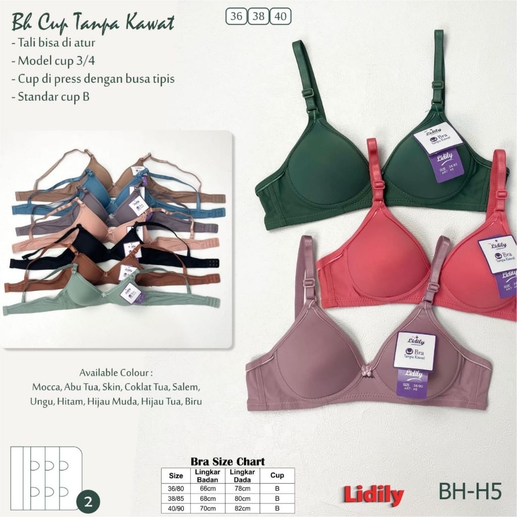 Lydyly art. H5 BH silky soft bra 36-40 tanpa kawat,busa tipis Cup A kait 2