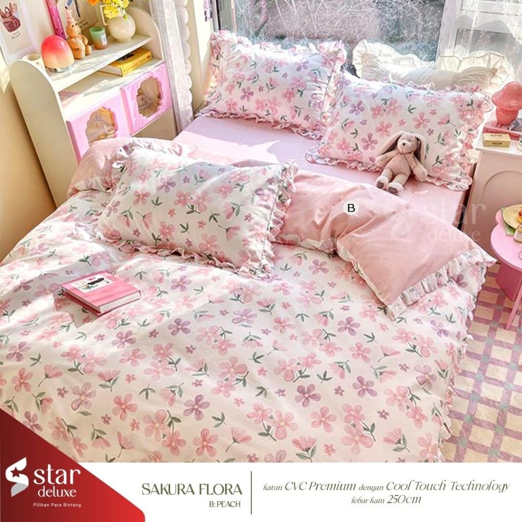 Sprei Katun Lokal Motif Sakura Flora By Bahan Katun Star,Sprei Homemade/Sprei Custom/Seprai Aestheti