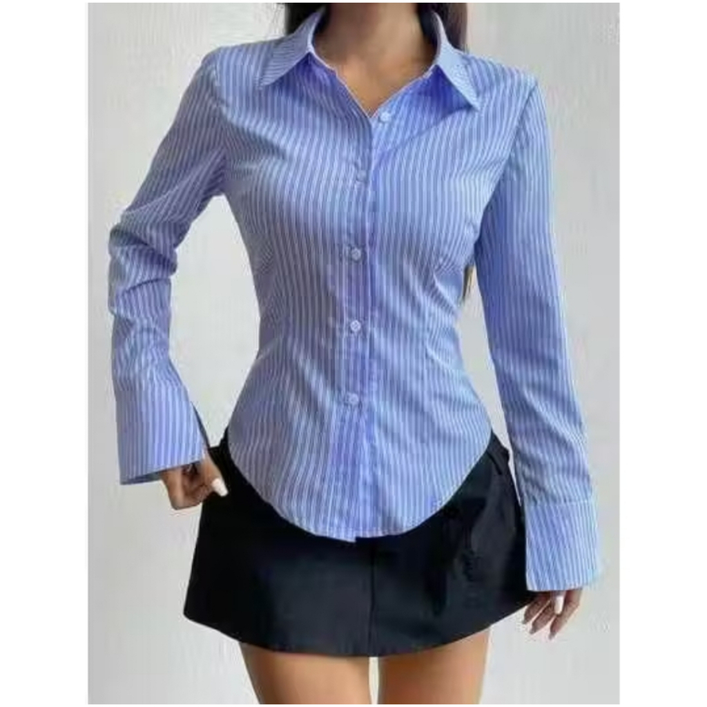 Ziva Kemeja Wanita Garis Garis Kekinian Terbaru Slim Fit Kemeja Kerja Cewek Lengan Panjang