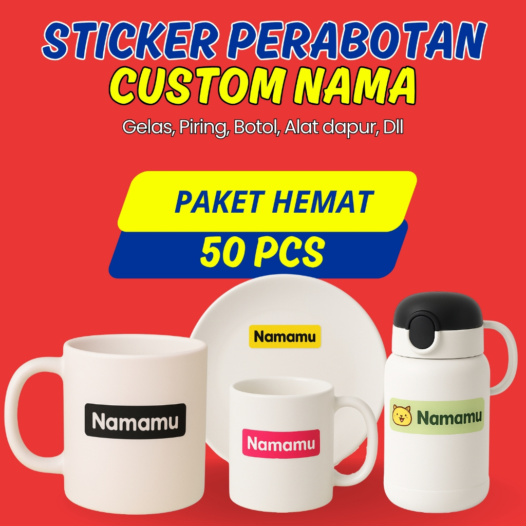 

Stiker Anak 3D Custom Nama 50 Pcs Piring Sendok Botol Gelas Perabotan timbul waterproof label