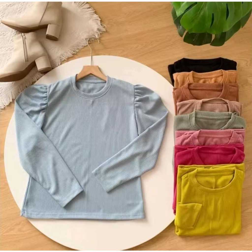 BLOUSE PUFFY SHOULDER TOP KNIT WAFFLE | KAOS LENGAN PANJANG MODEL BALON
