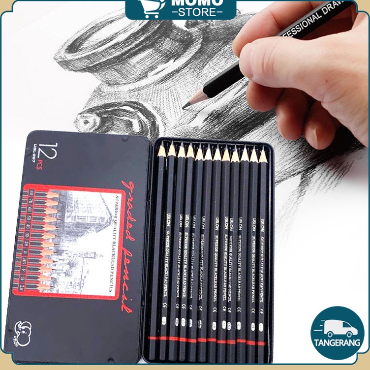 

12 Pcs Charcoal Sketch Pencil Set 2H H F B HB 2B 3B 4B 5B 6B 7B 8B Pensil Sketsa Set Lengkap
