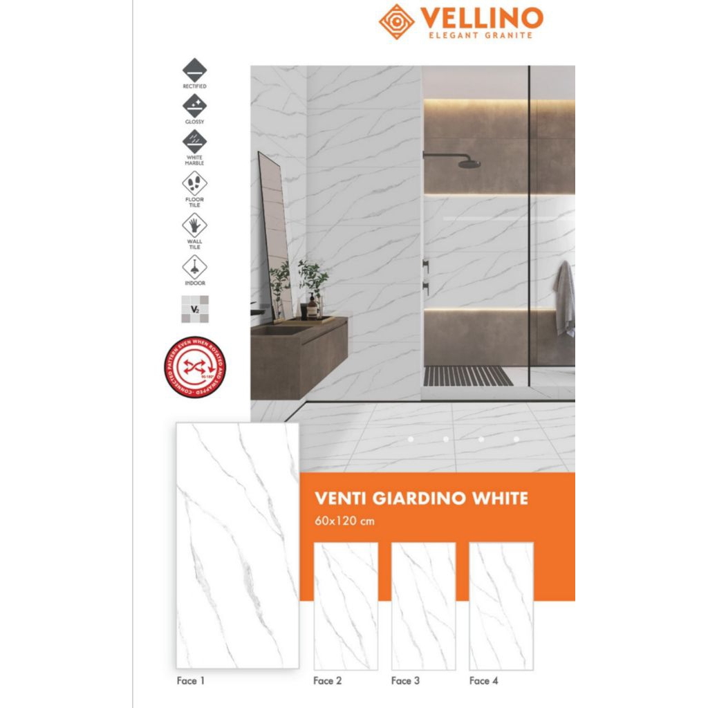 GRANIT MERK VELLINO TIPE VENTI GIARDINO WHITE UKURAN 60X120 WARNA LATAR PUTIH MOTIF CORAK MARBLE ABU