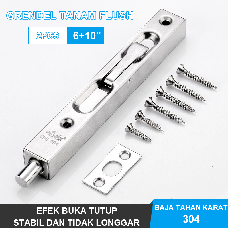 Grendel Tanam Flush Bolt Set 6"+10" - Slot Pintu Minimalis, Kunci Tersembunyi untuk Pintu 2 Daun | K
