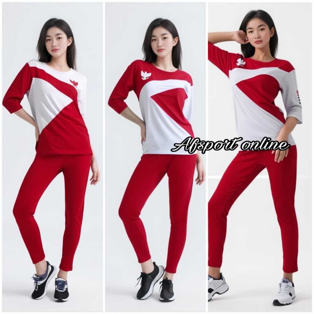 setelan olahraga baju senam merah putih zumba aerobik fitness yoga