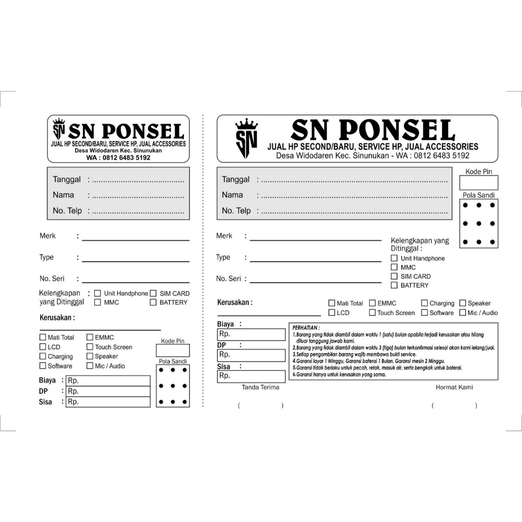 

Nota Servis HP SN Ponsel