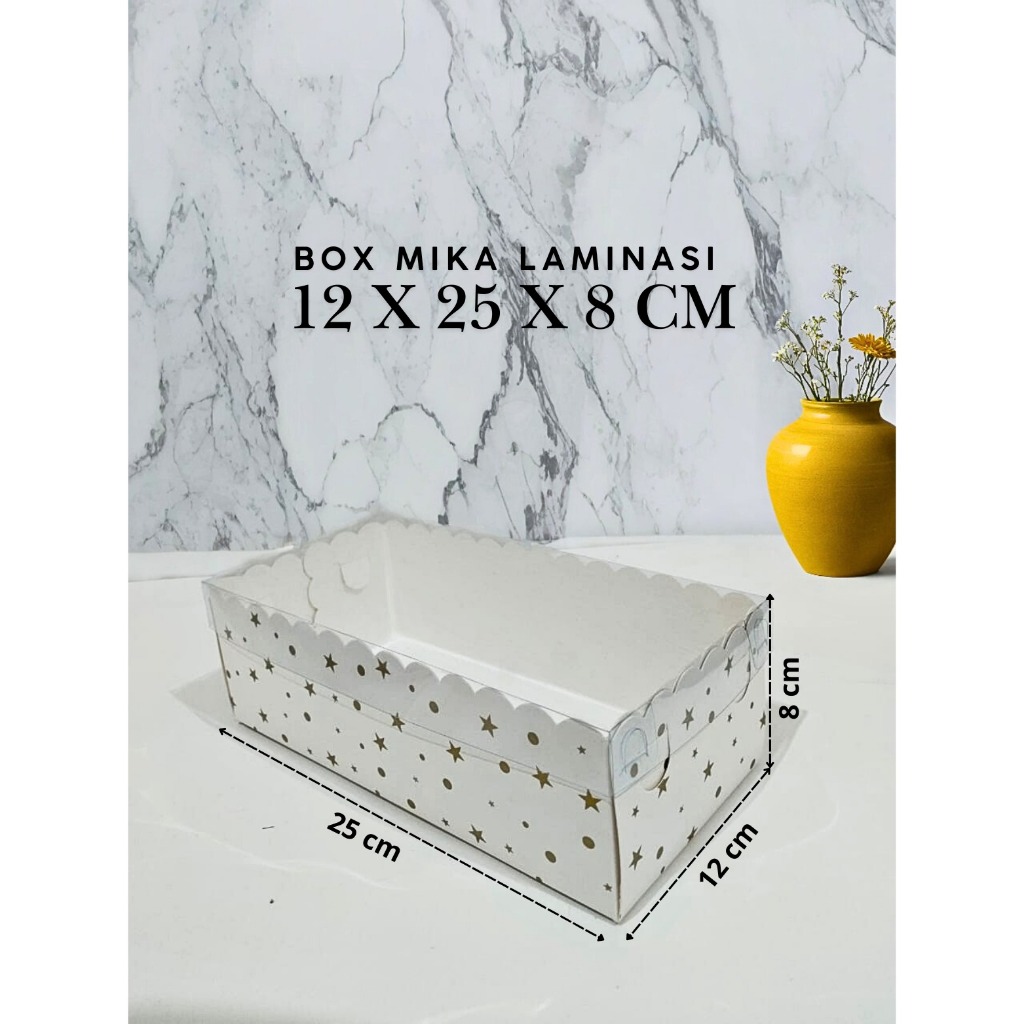

( 10 Pcs ) Fuji Box Dus Kotak Kue hampers puding cake Ivory Motif Polkadot Bintang Emas laminasi 12 cm x 25 cm x 8 cm Premium Tutup Mika Full