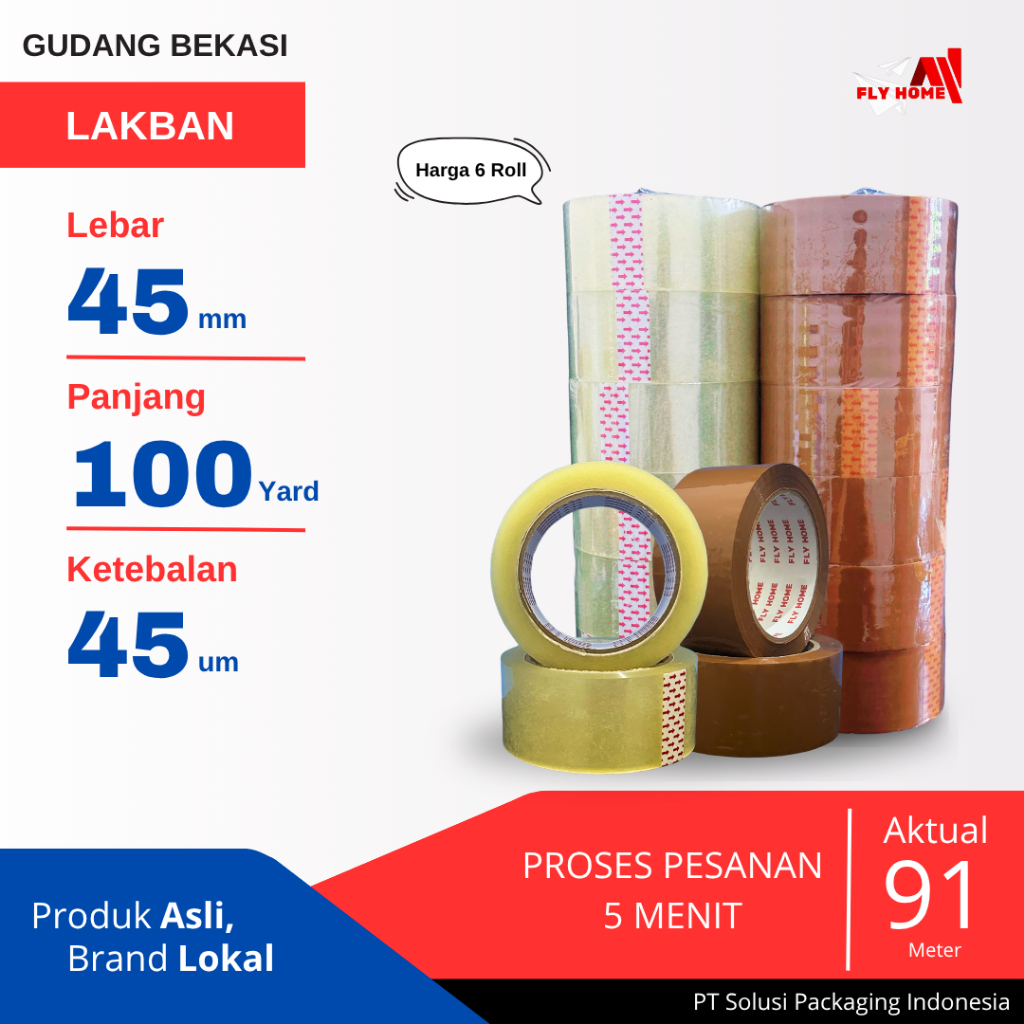 

FLYHOME 6Roll Lakban Bening Coklat 45x100Y 2inch 91METER 100 Yard