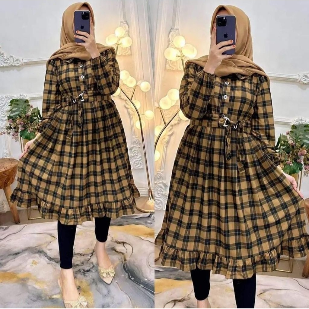 TUNIK BELT MOTIF KOTAK Baju Wanita Atasan Wanita