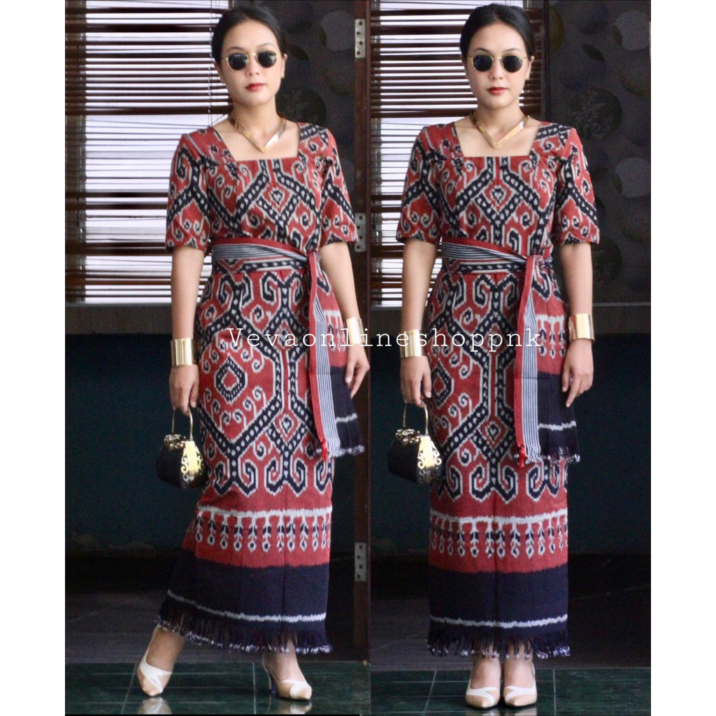 DRESS ETNIK TENUN MODEL LONG DRESS MOTIF DAYAK KALIMANTAN
