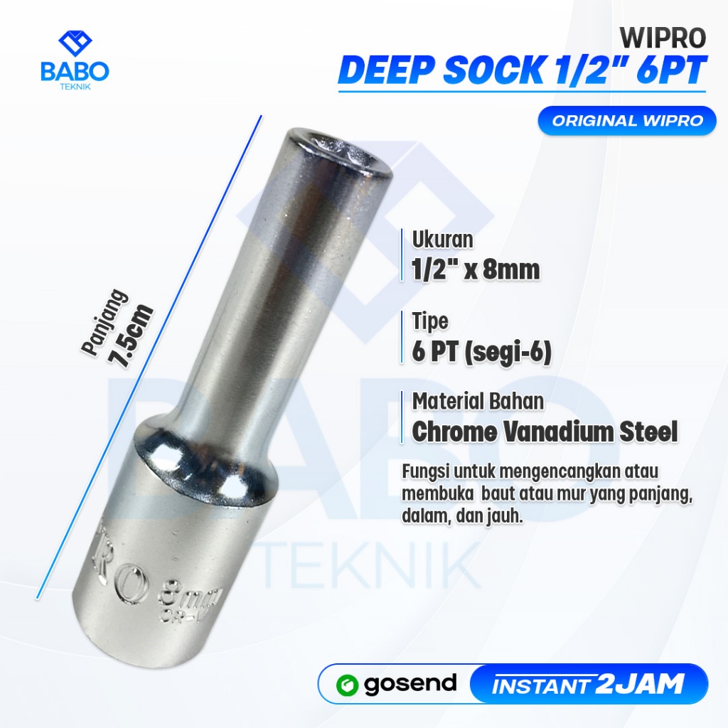 WIPRO Mata Kunci Sock Socket PANJANG 1/2" 8 10 12 13 14 15 16 17 18 19 20mm 6PT WIPRO / Mata Kunci D