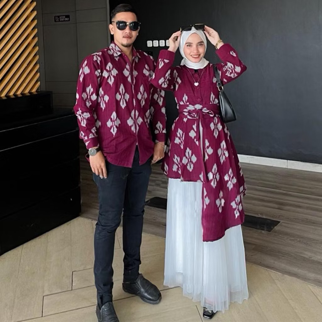 Set Couple Tunik dan Kemeja Tenun Motif Rose Asli Tenun ATBM Jepara