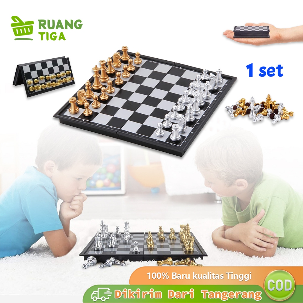 Mainan Catur Magnetic International Chess Papan Catur Magnet Folding Chessboard Emas Perak