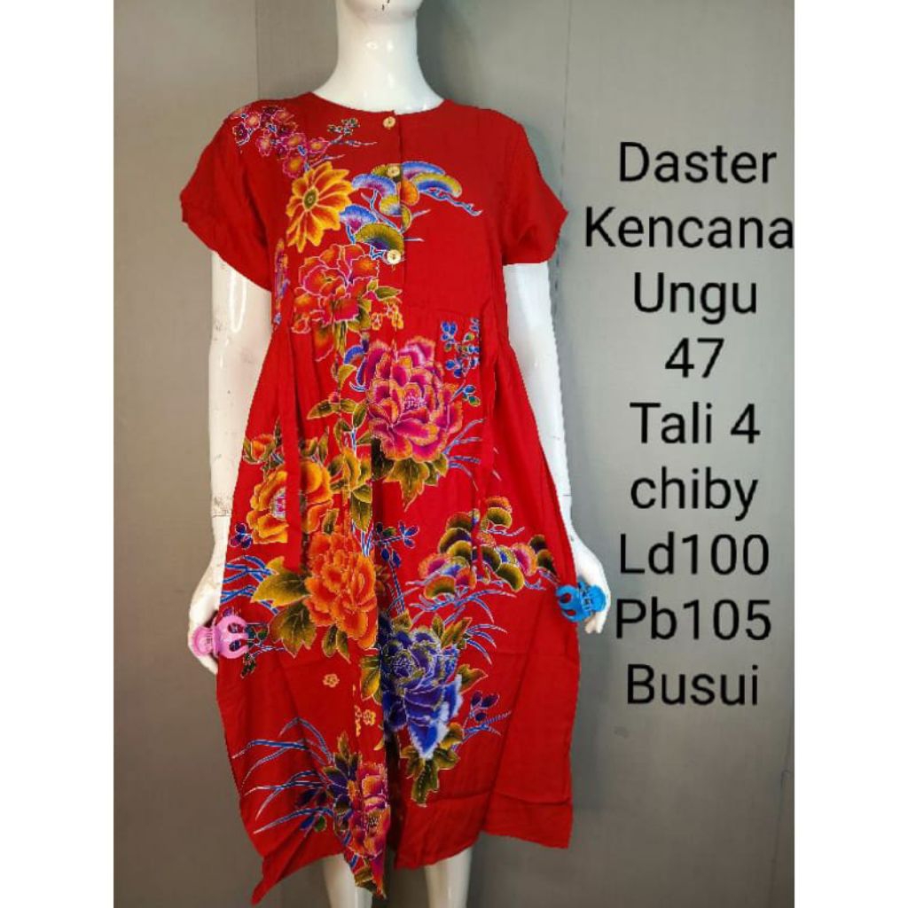 DASTER CHIBI 47 MOTIF BUNGA BATIK KENCANA UNGU TERBARU ASLI LD 100 CM BUNSUI TALI 4 IKAT LEBEL BIRU 