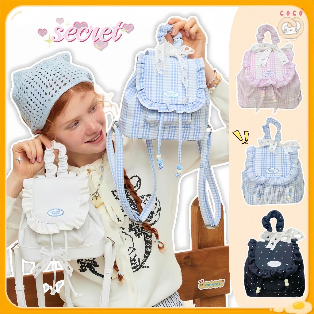 Tas Sekolah Kotak-Kotak/Tas komuter  Y2k gaya kuliah/Tas Ransel Renda Sweet Cool Party/Tas Mini Lucu