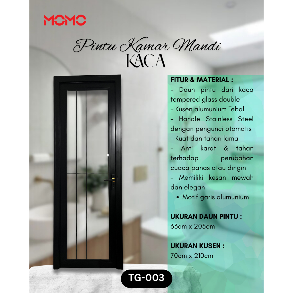 Pintu Kamar Mandi TG-003 Aluminium Tempered Glass Tebal Kaca