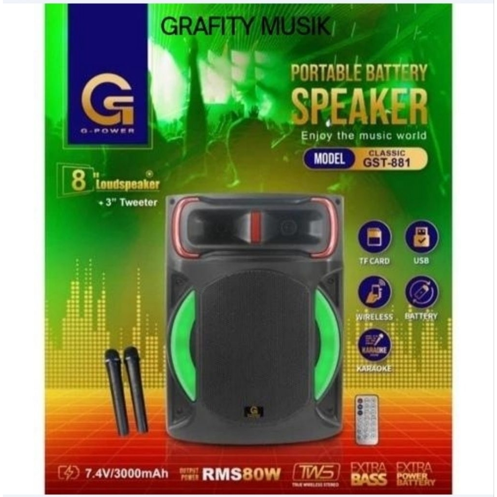 Speaker Portable Gst 881 Classic G-POWER Speaker Bluetooth 8inch With 2 Mic Wireless