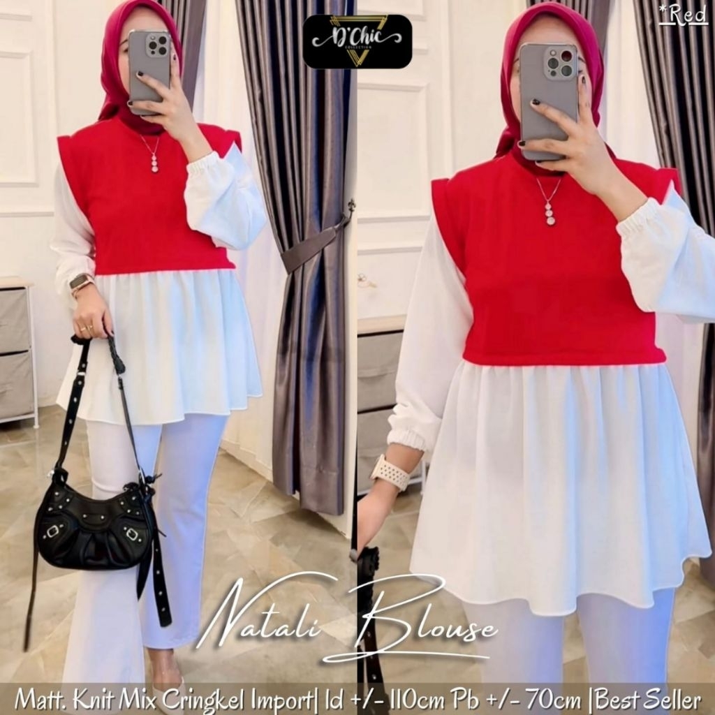 Natali Blouse Merah Putih Wanita Lengan Panjang