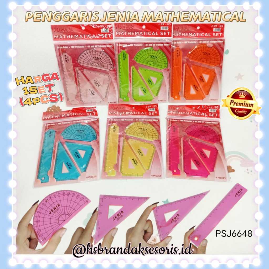

(4IN1) PENGGARIS MATEMATIKA JENIA J99-05 / 1SET PENGGARIS WARNA BENING / PENGGARIS BUSUR SEGITIGA MISTAR / PENGGARIS WARNA TRANSPARAN / JENIA COLOUR RULER SET MATHEMATICAL / PSJ6648