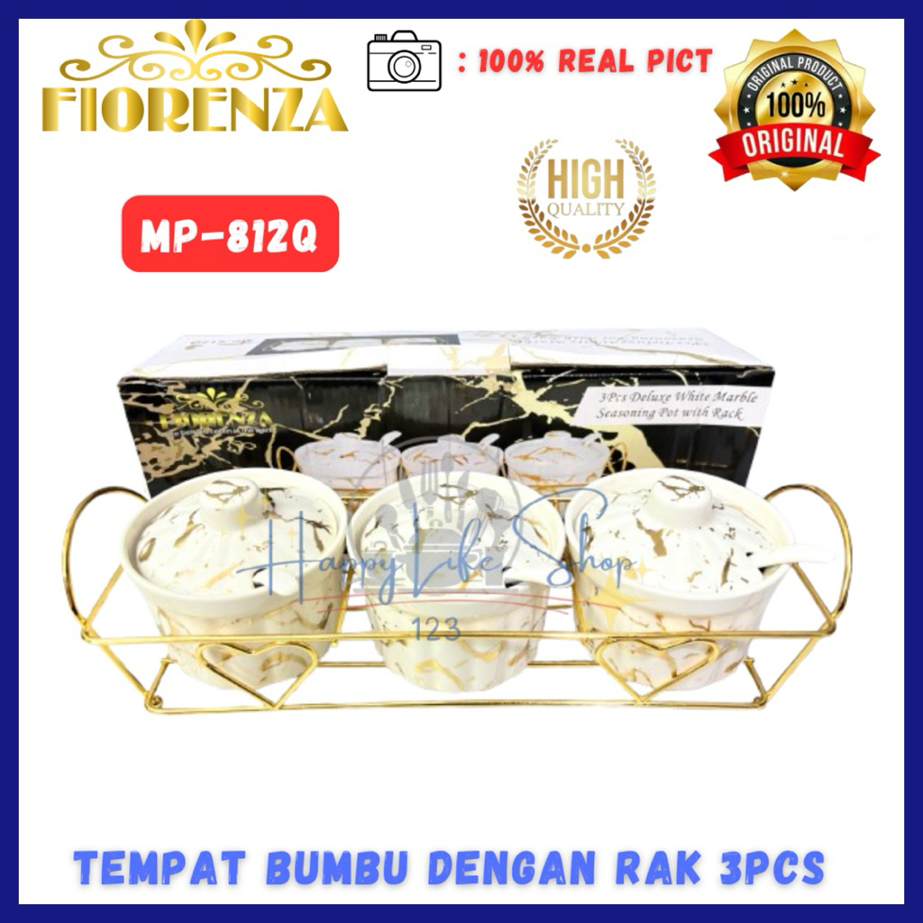 FIORENZA Tempat Bumbu Keramik Dengan Rak / 3pcs Tempat Bumbu Keramik
