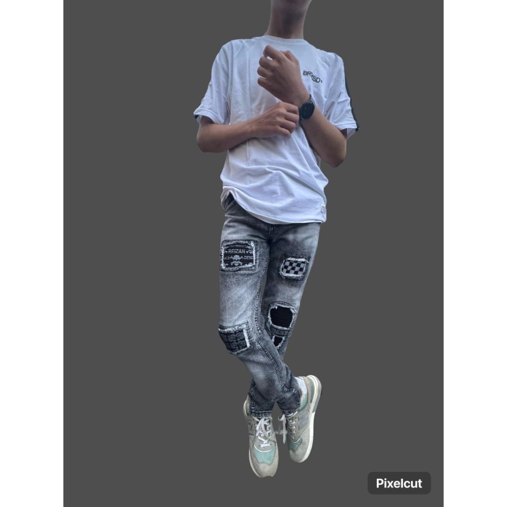 Celana jean pria panjang abu grey snow rucas ripped denim