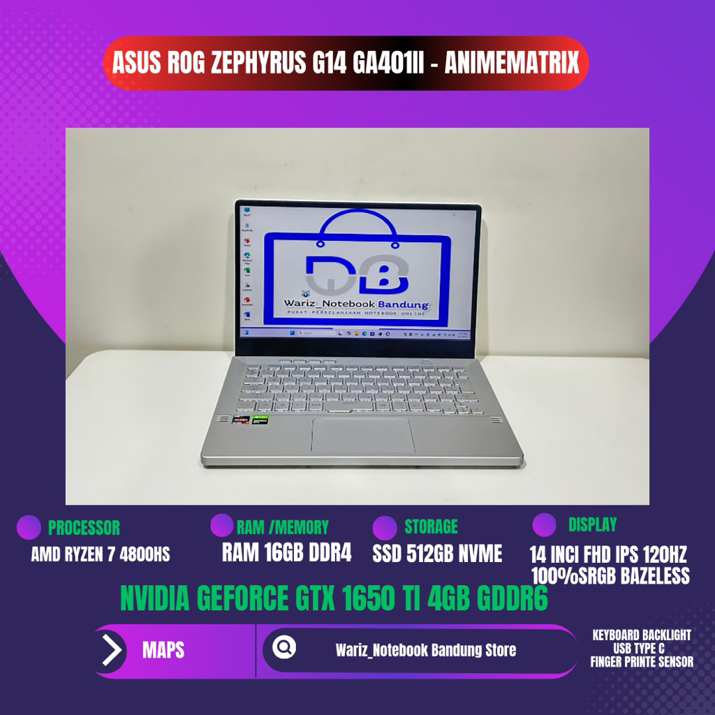 ASUS ROG ZEPHYRUS G14 GA401II ANIME MATRIX AMD RYZEN 7 4800HS RAM 16GB SSD 512GB NVIDIA GTX 1650 4GB