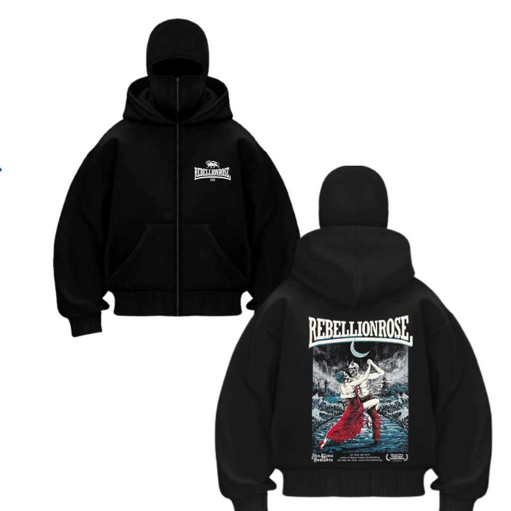 Hoodie Balaclava Zipper Frenemy Rebellion rose Aku dan Samudra Jaket Boxy Hitam Pria Wanita