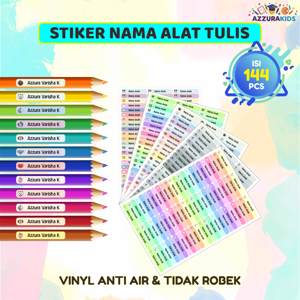 

Stiker Pensil Nama Anak Sticker Custom Label Alat Tulis Pulpen Waterproof Anti Air Karakter Isi 144