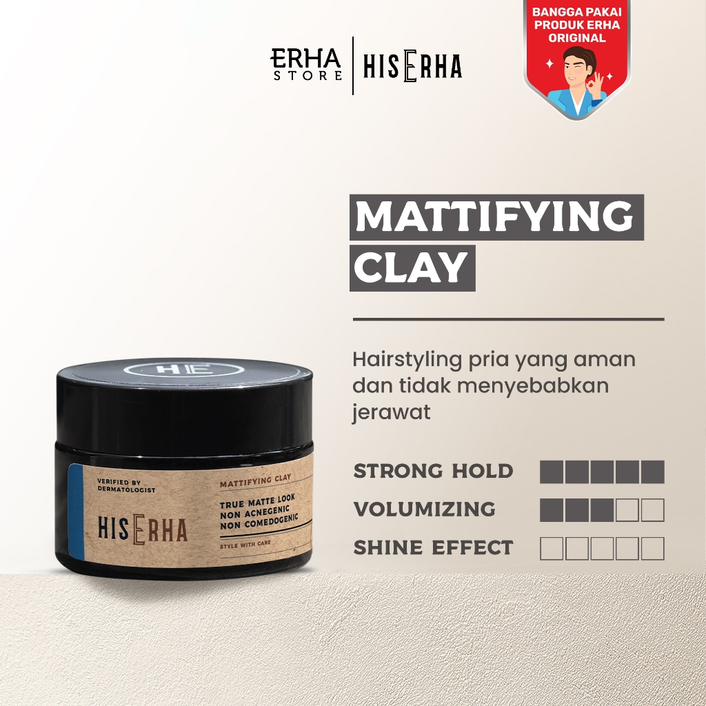 HIS ERHA Mattifying Clay 35g - Hair Styling Pria Untuk Hasil Matte, Bertekstur, Strong Hold, Aman & 