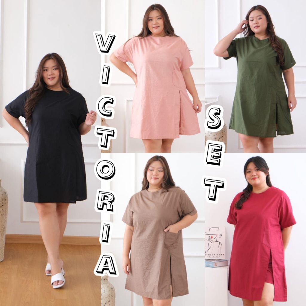 VICTORIA SETELAN WANITA MINI DRESS + SHORT PANTS CELANA PENDEK BIGSIZE MATERIAL LINEN FIT TO XXL JUM