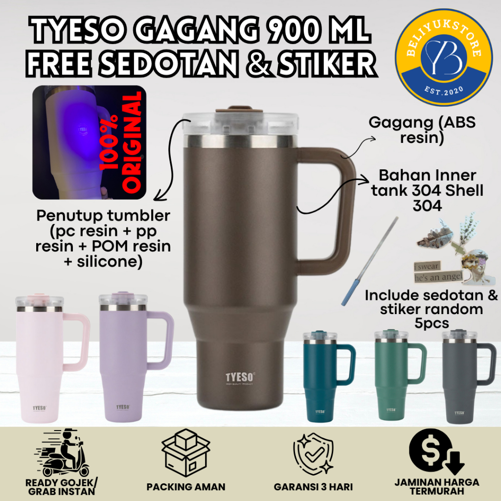 Tumbler Tyeso Stainless Dengan Gagang 900ML FREE STICKER / Tyeso Tumbler Original Gagang 900ML / Tum