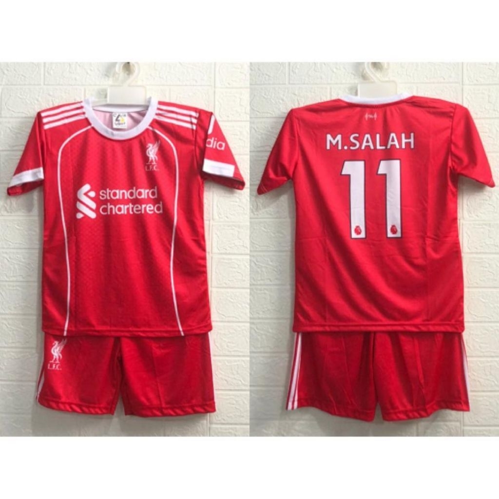Setelan Jersey Anak Sepak Bola Warna Merah Garis Putih Kualitas Printing