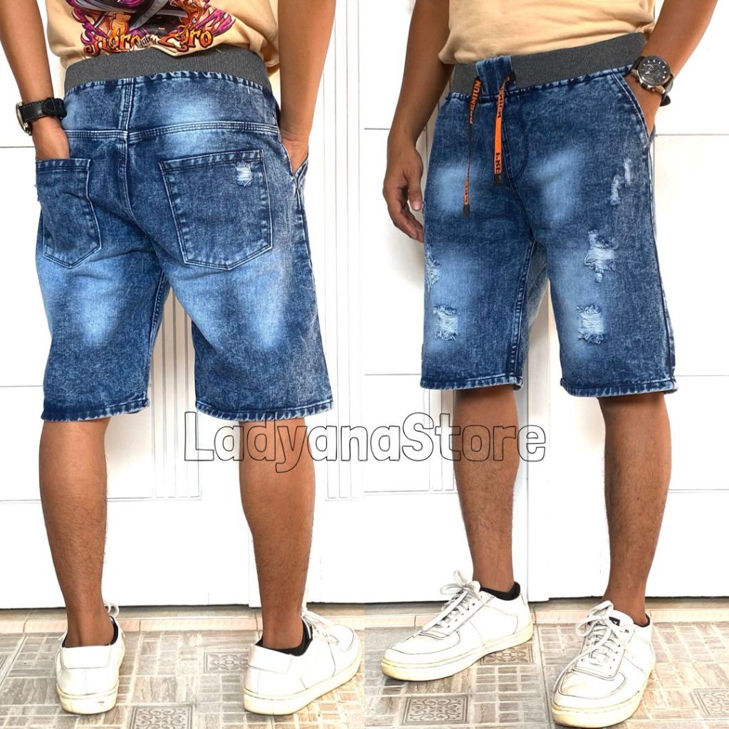 Celana Pendek Sobek Pria Jeans Warna Snow Blue Biru Jins Jean Pinggang melar Karet Rip Rib